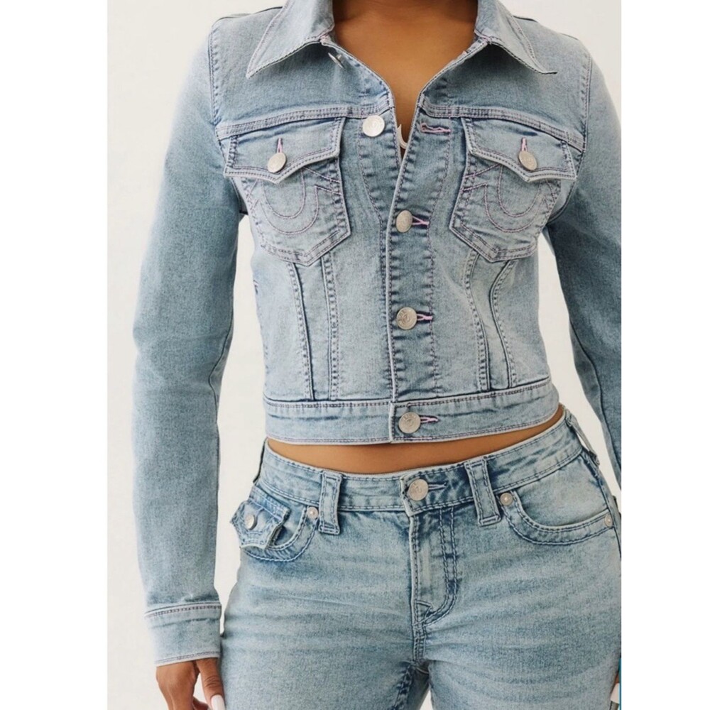 True Religion Jesse SN Crop Trucker Denim Jacket Pear Wash Medium NWT